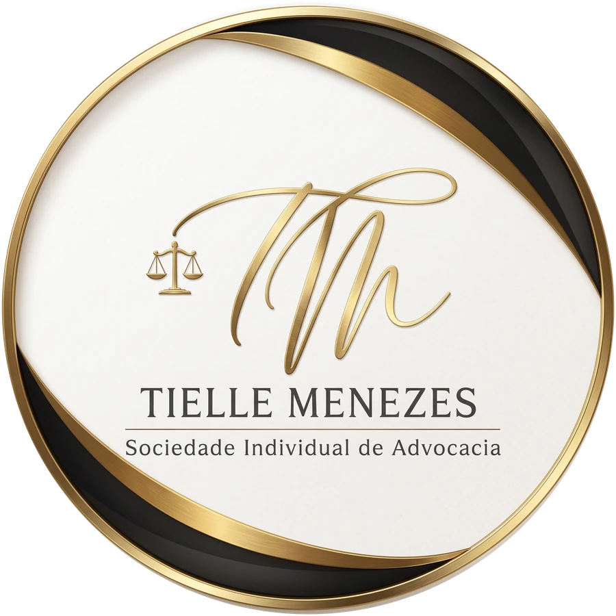 Marca Tielle Menezes, Sociedade Individual de Advocacia: monograma TM e balança dentro de um anel dourado e preto.